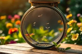 Piège à moustique CO2 installé dans un jardin en soirée