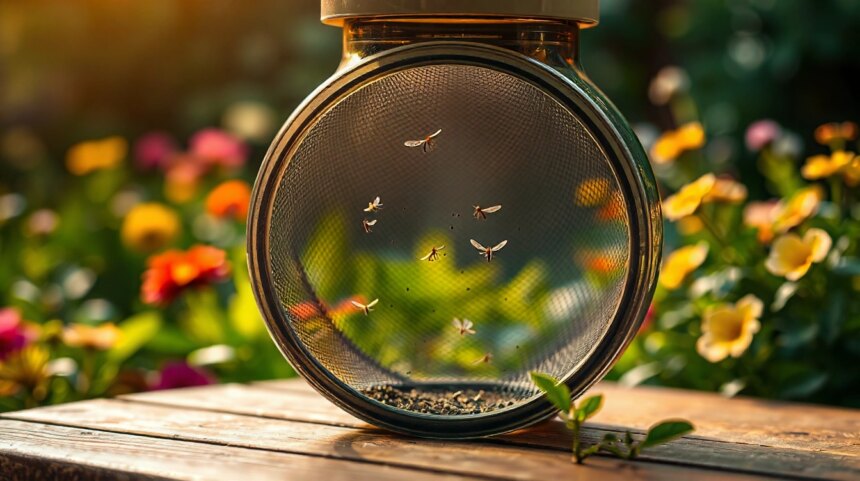 Piège à moustique CO2 installé dans un jardin en soirée