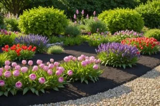 Massif fleuri coloré avec diverses plantes et fleurs à Ancenis