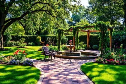 jardin bien aménagé avec plantes et mobilier extérieur élégant