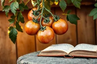 Tomates anciennes variées dans un jardin luxuriant