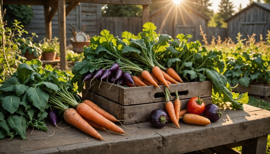 Légumes anciens variés cultivés dans un potager en pleine croissance