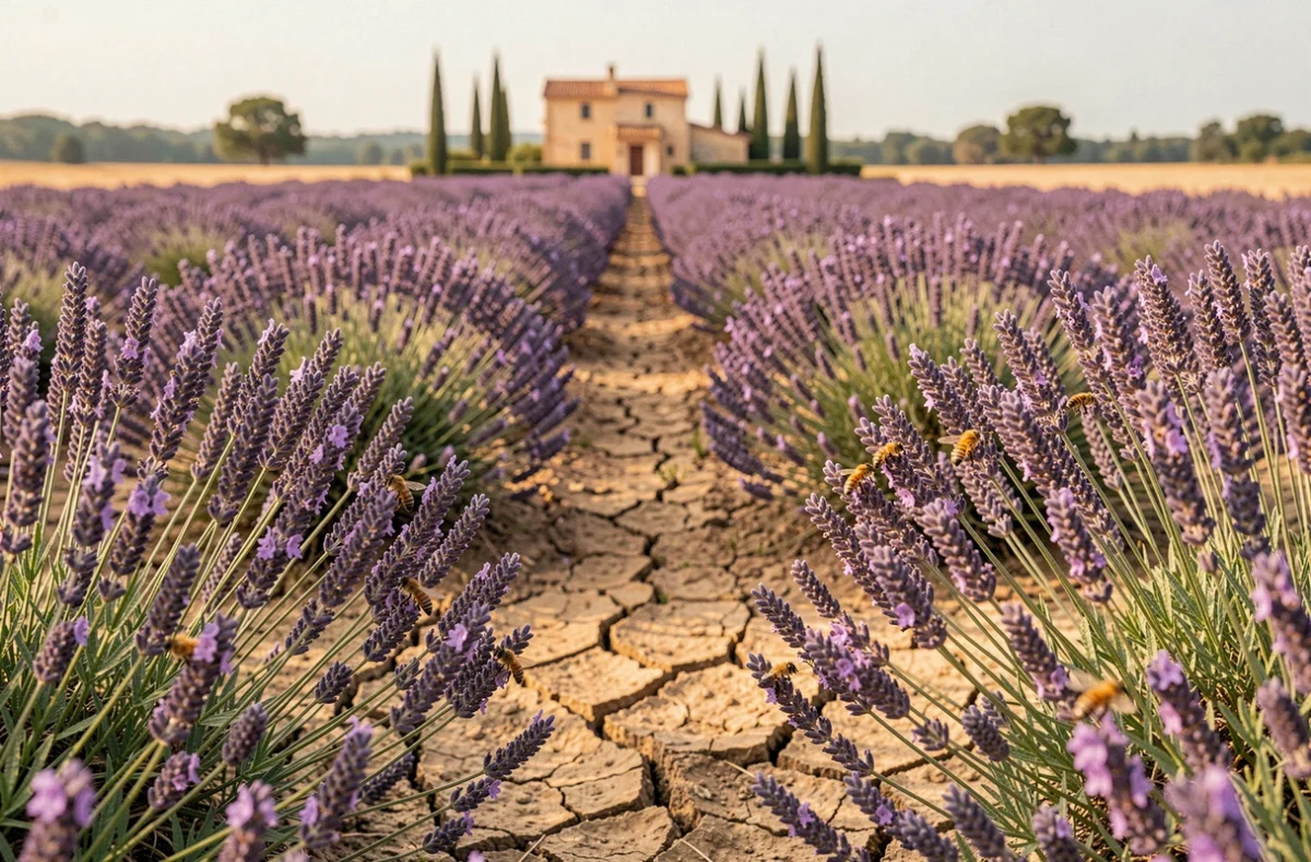 Rangées de lavande en fleurs avec des abeilles butineuses dans un champ bien espacé en Provence