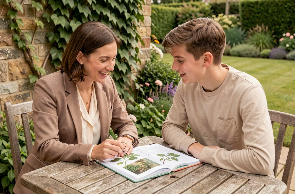 Acadomia Grand Est : tuteur à domicile accompagnant un adolescent dans ses révisions dans un jardin résidentiel lorrain