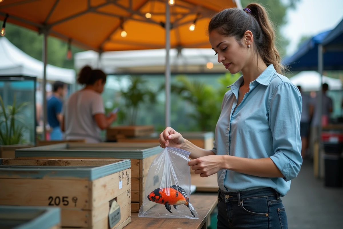 Femme inspectant une carpe koï dans un sac lors d'une foire aquatique avant achat