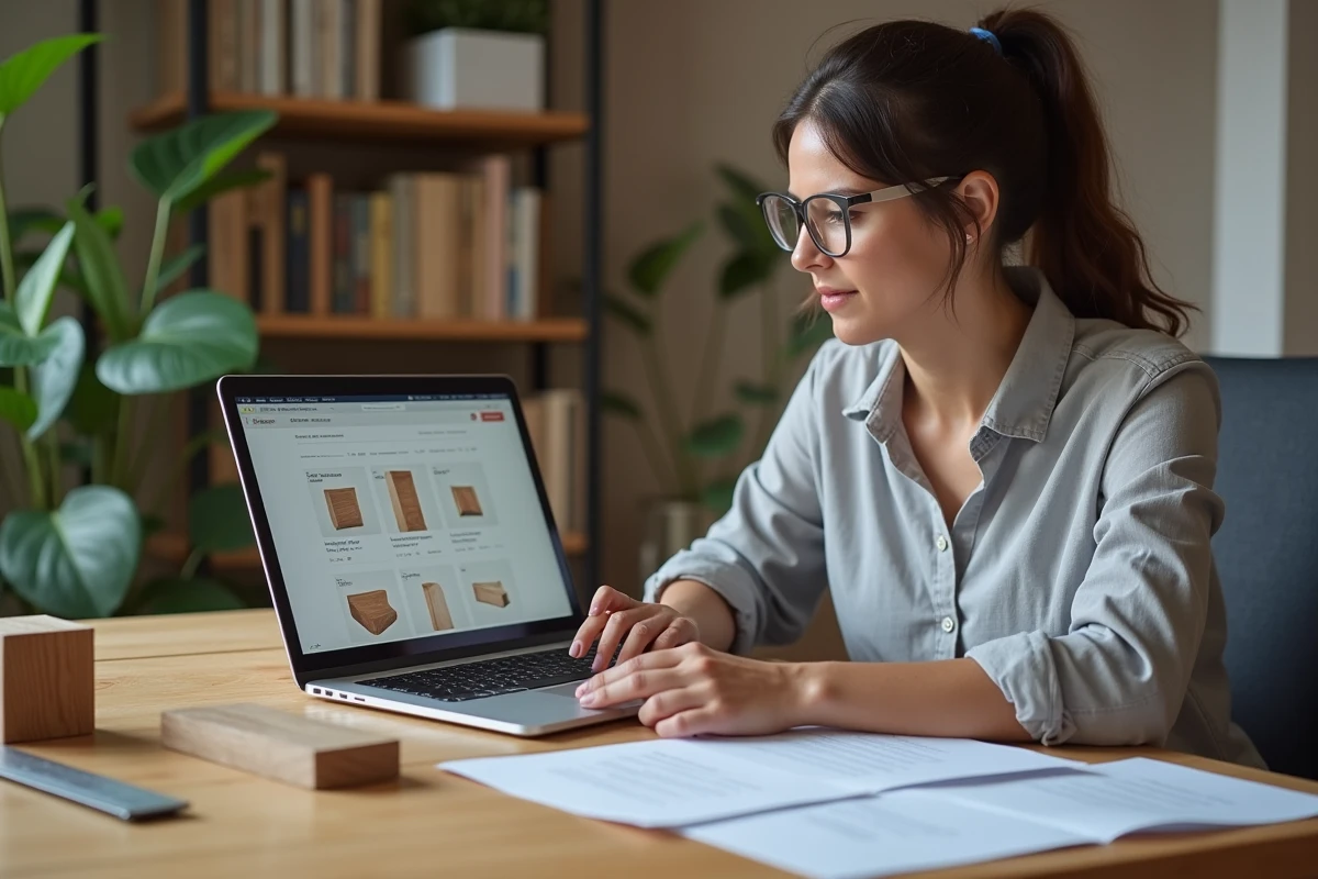 Femme comparant des offres de prix de chêne en m3 sur un ordinateur portable dans un bureau à domicile