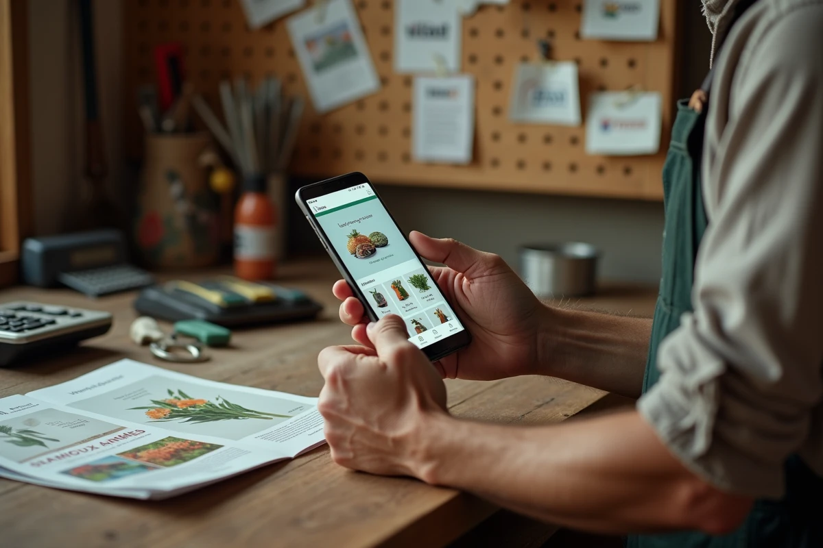 Mains d'agriculteur comparant les prix sur une boutique agricole en ligne pour réduire les coûts d'exploitation