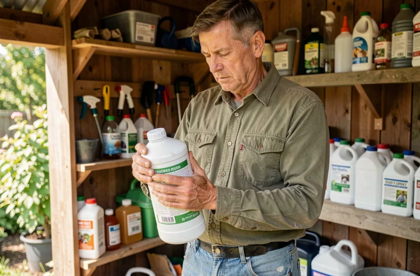 Agriculteur lisant attentivement l'étiquette d'un herbicide au glyphosate dans un hangar de jardinage