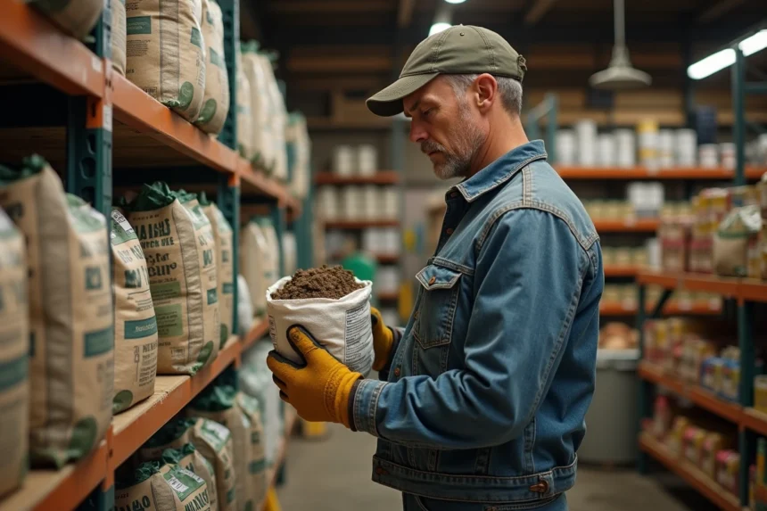 Agriculteur comparant des produits dans un magasin agricole pour optimiser ses coûts sans sacrifier la qualité