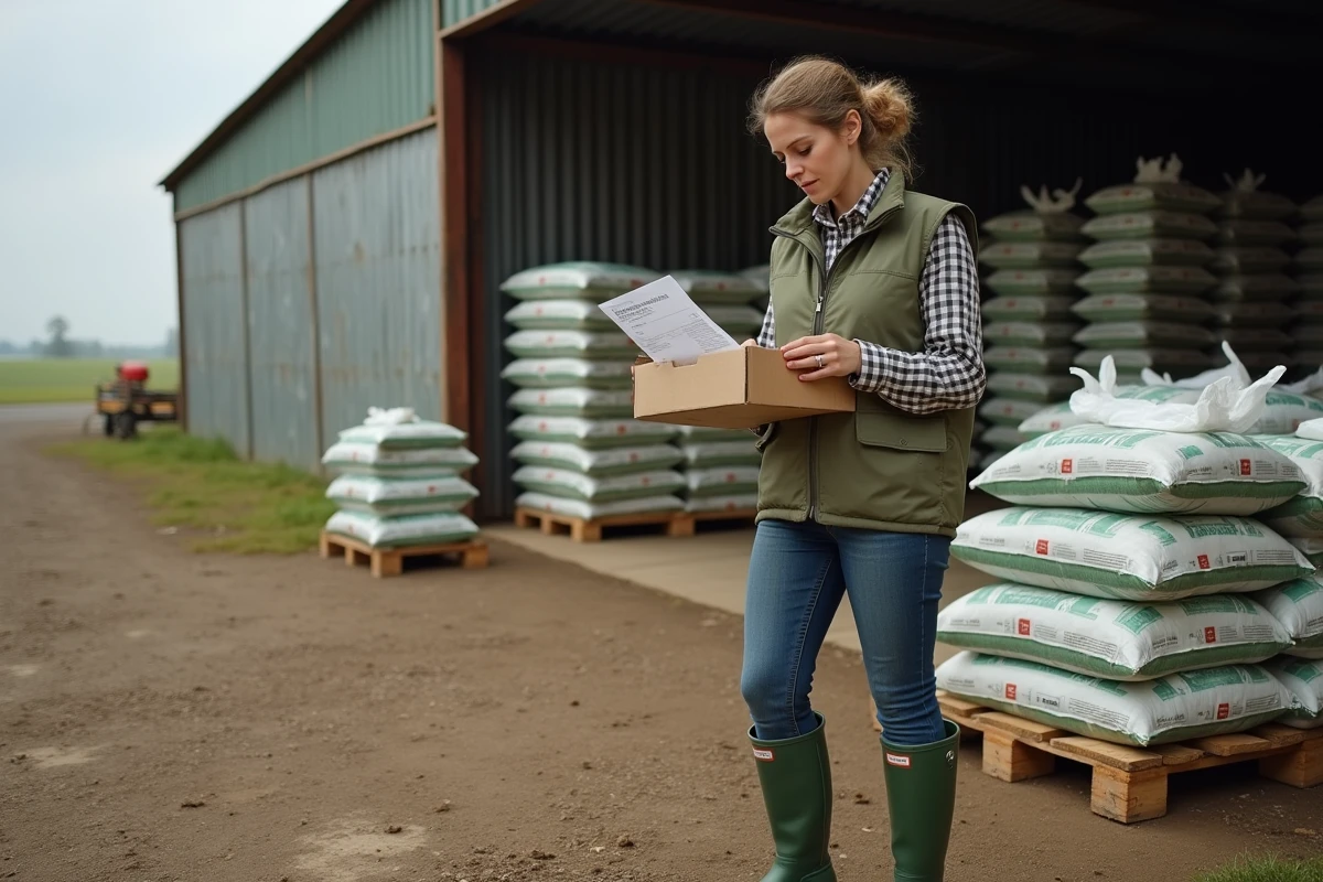 Agricultrice vérifiant une facture de fournitures agricoles devant un dépôt de stockage à la ferme