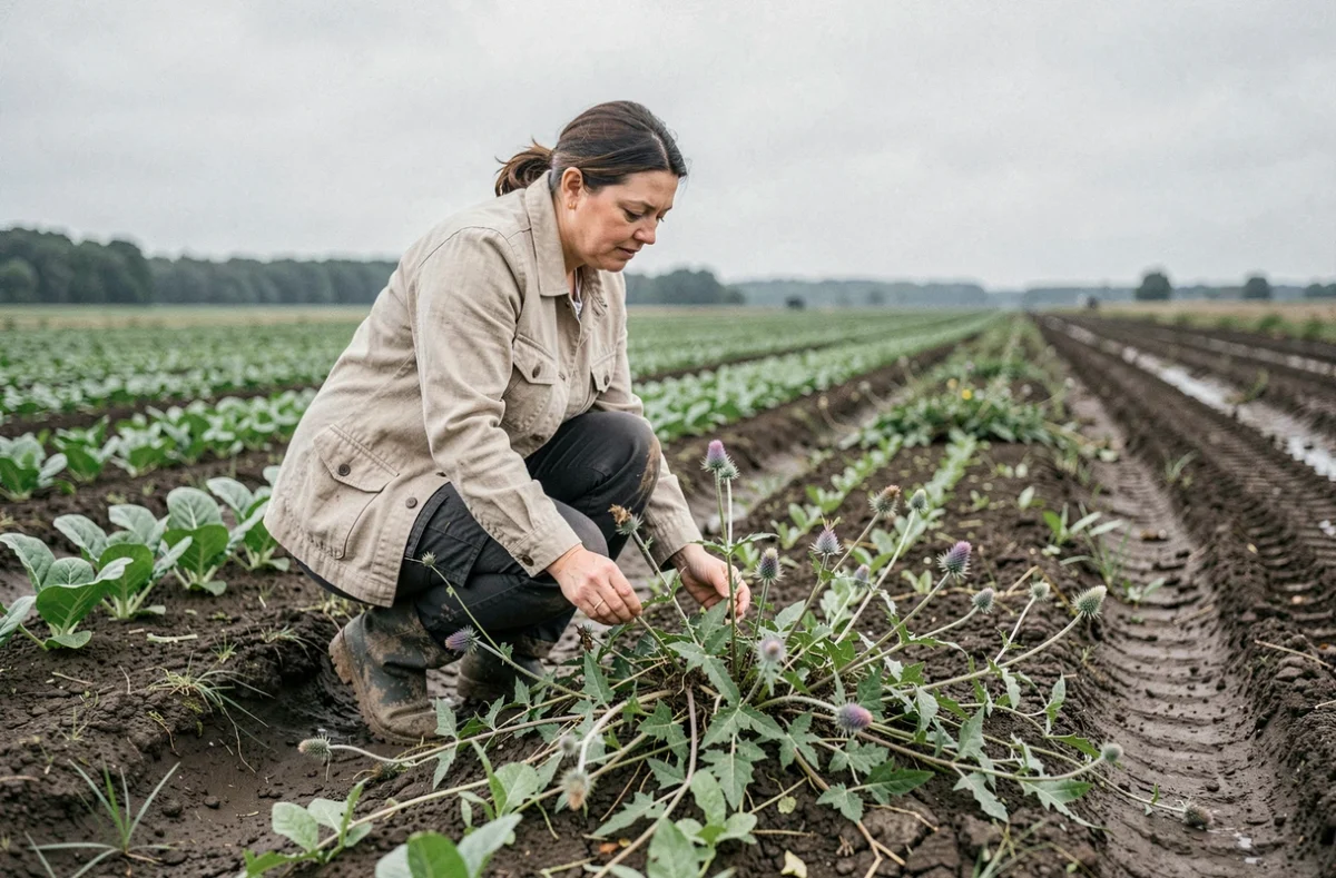 Agricultrice inspectant un foyer localisé de mauvaises herbes envahissantes entre des rangées de cultures potagères dans un champ agricole