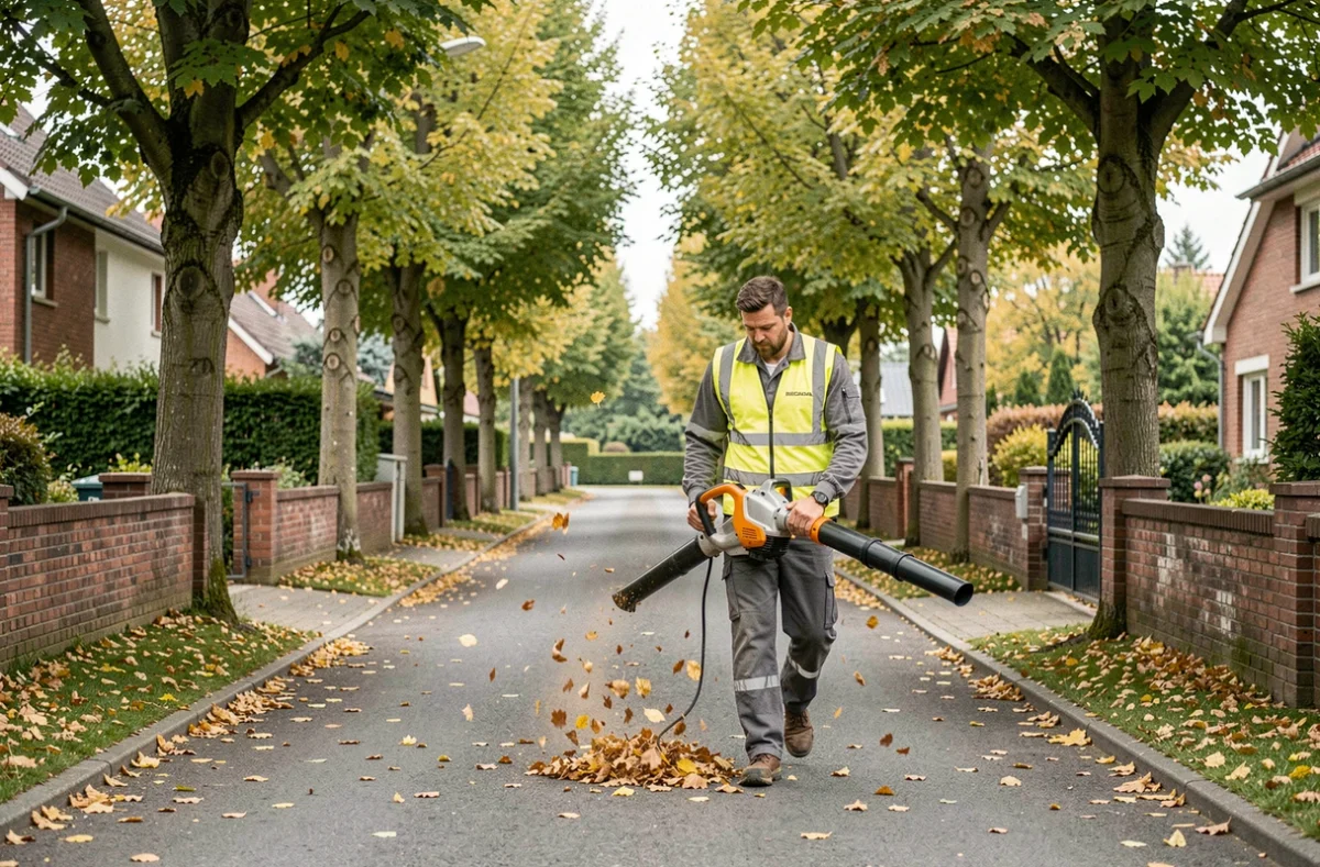 ALSACE PROPRE NET (APN) : agent d'entretien extérieur soufflant les feuilles mortes sur une allée résidentielle alsacienne