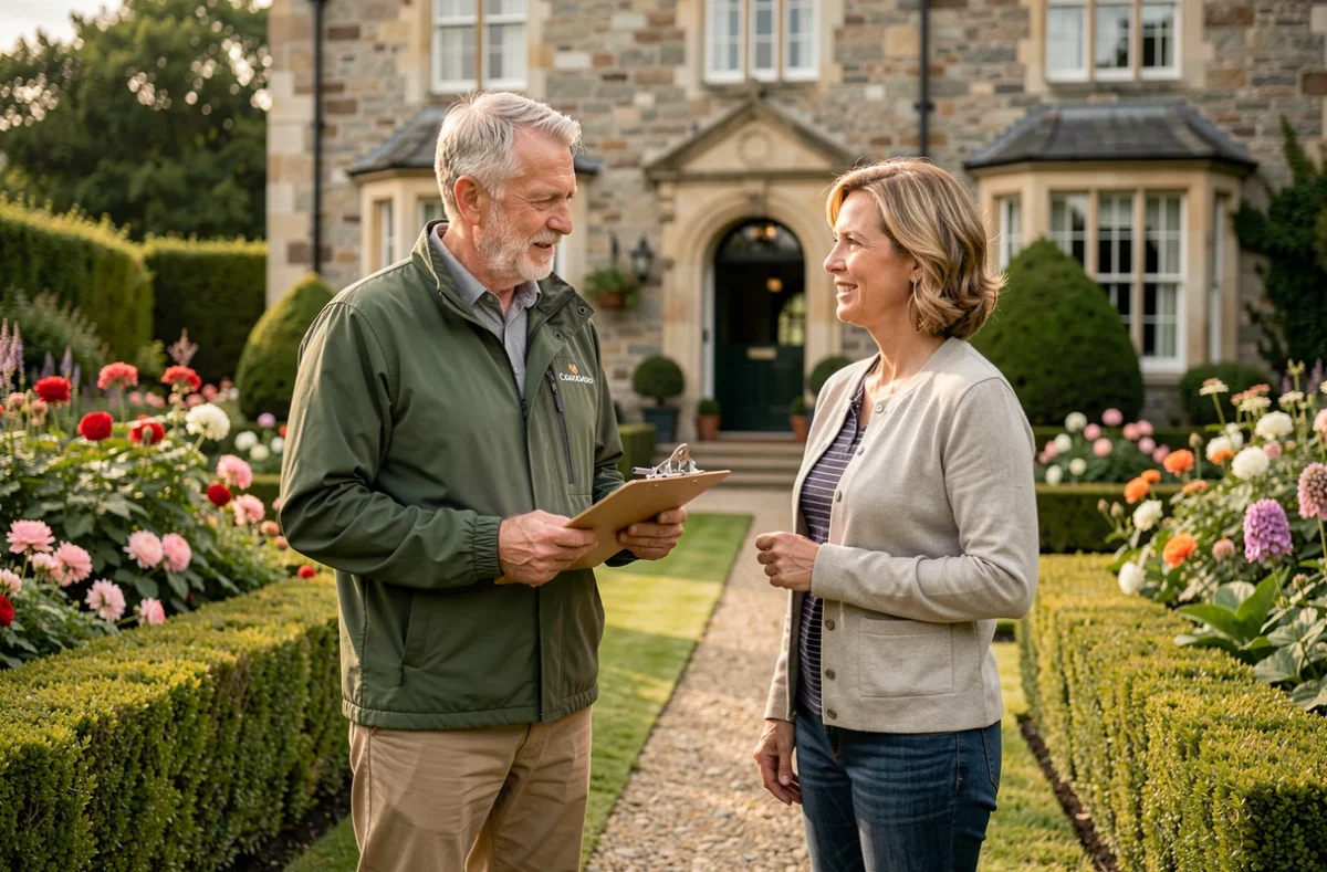 Jardinier APEF en consultation avec un client dans un jardin normand fleuri et entretenu