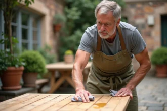 Homme appliquant de l'huile incolore sur une table en teck brut pour préserver la couleur naturelle du bois