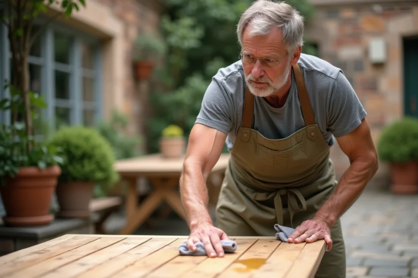Homme appliquant de l'huile incolore sur une table en teck brut pour préserver la couleur naturelle du bois