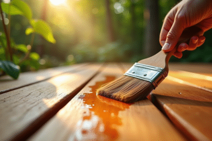 Main appliquant une huile de protection sur un deck en bois extérieur
