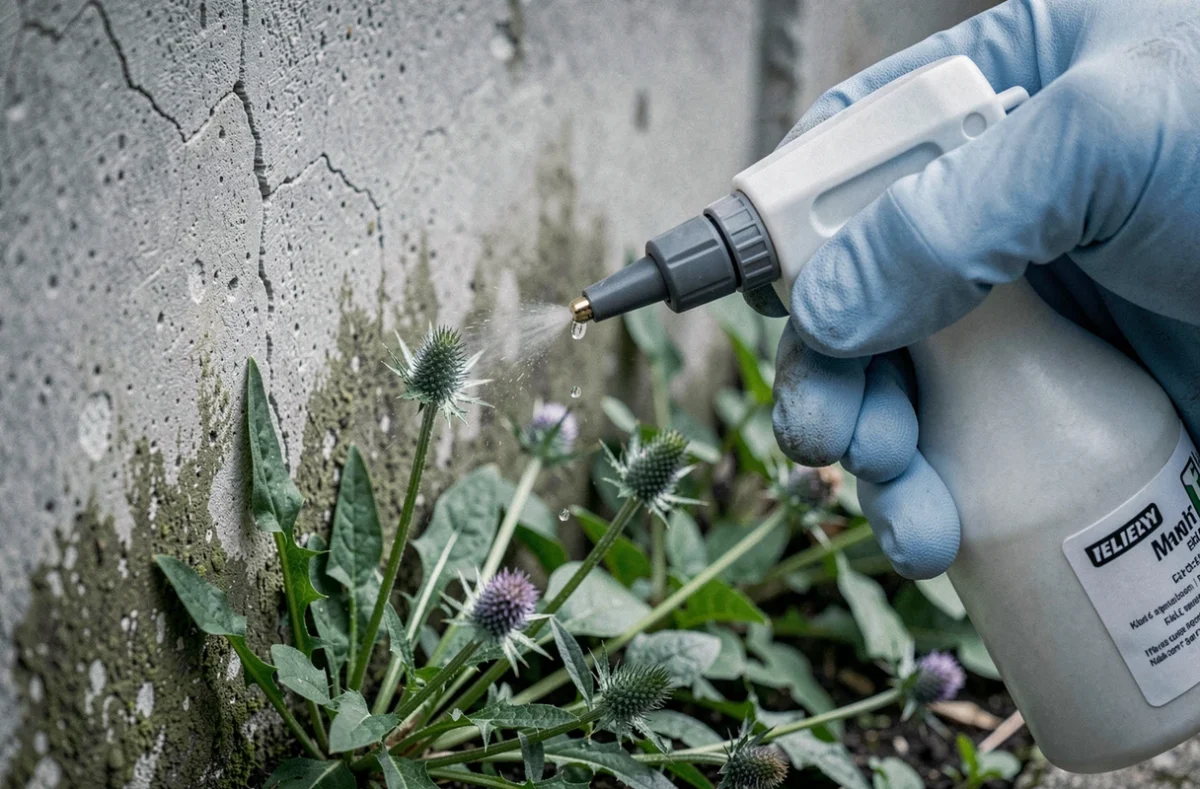 Gros plan d'une main gantée utilisant un applicateur de précision pour traiter localement des mauvaises herbes tenaces au pied d'un mur en béton avec du glyphosate