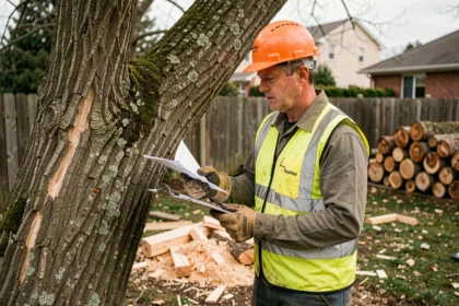 Arboriste professionnel examinant un arbre abattu dans un jardin résidentiel, tenant un document administratif
