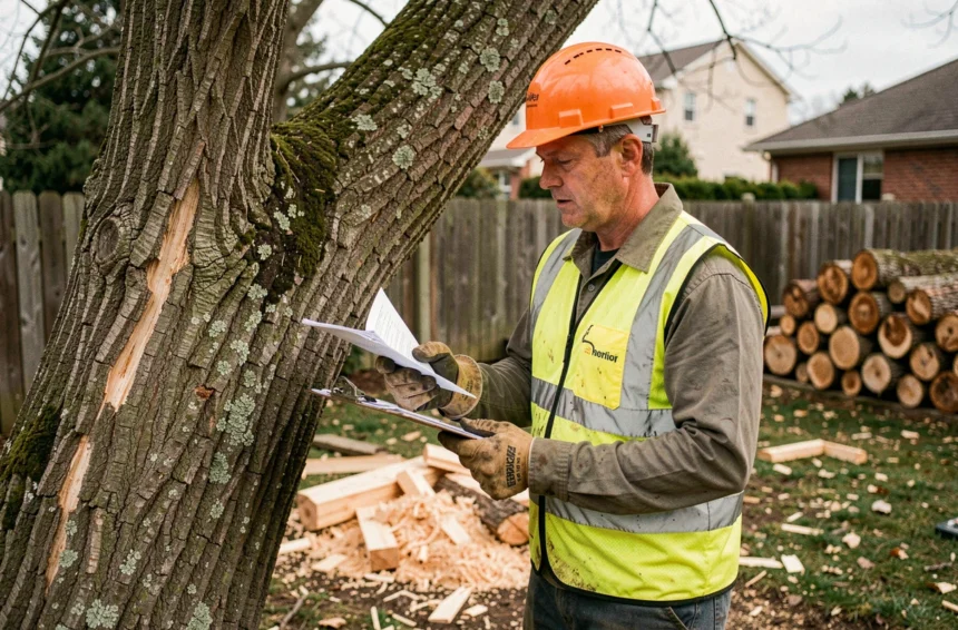 Arboriste professionnel examinant un arbre abattu dans un jardin résidentiel, tenant un document administratif