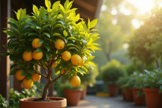 Arbre citron en pot avec feuillage jaune sur terrasse ensoleillee