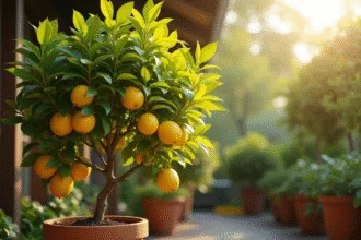 Arbre citron en pot avec feuillage jaune sur terrasse ensoleillee