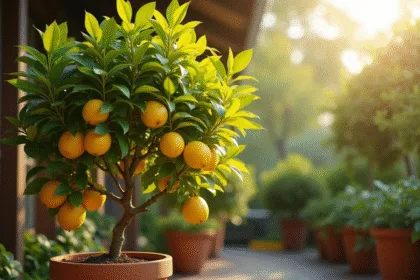Arbre citron en pot avec feuillage jaune sur terrasse ensoleillee