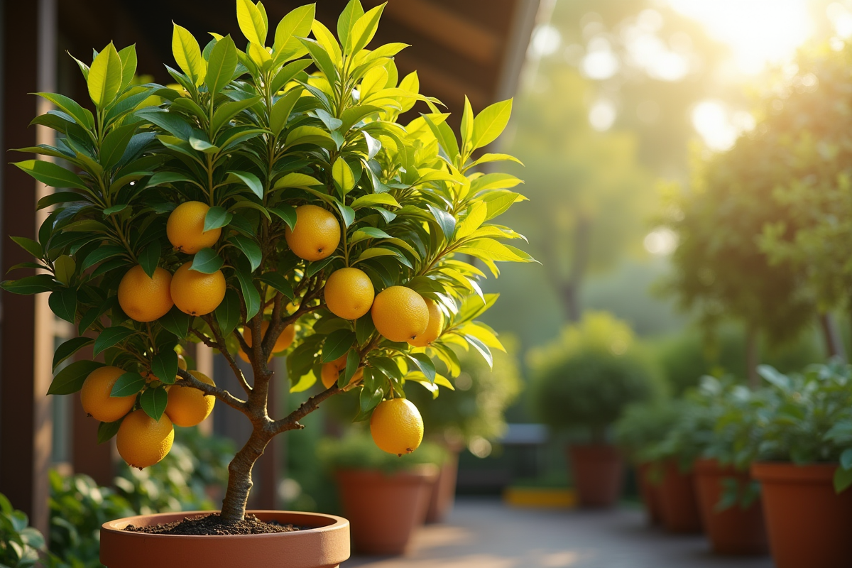 Arbre citron en pot avec feuillage jaune sur terrasse ensoleillee