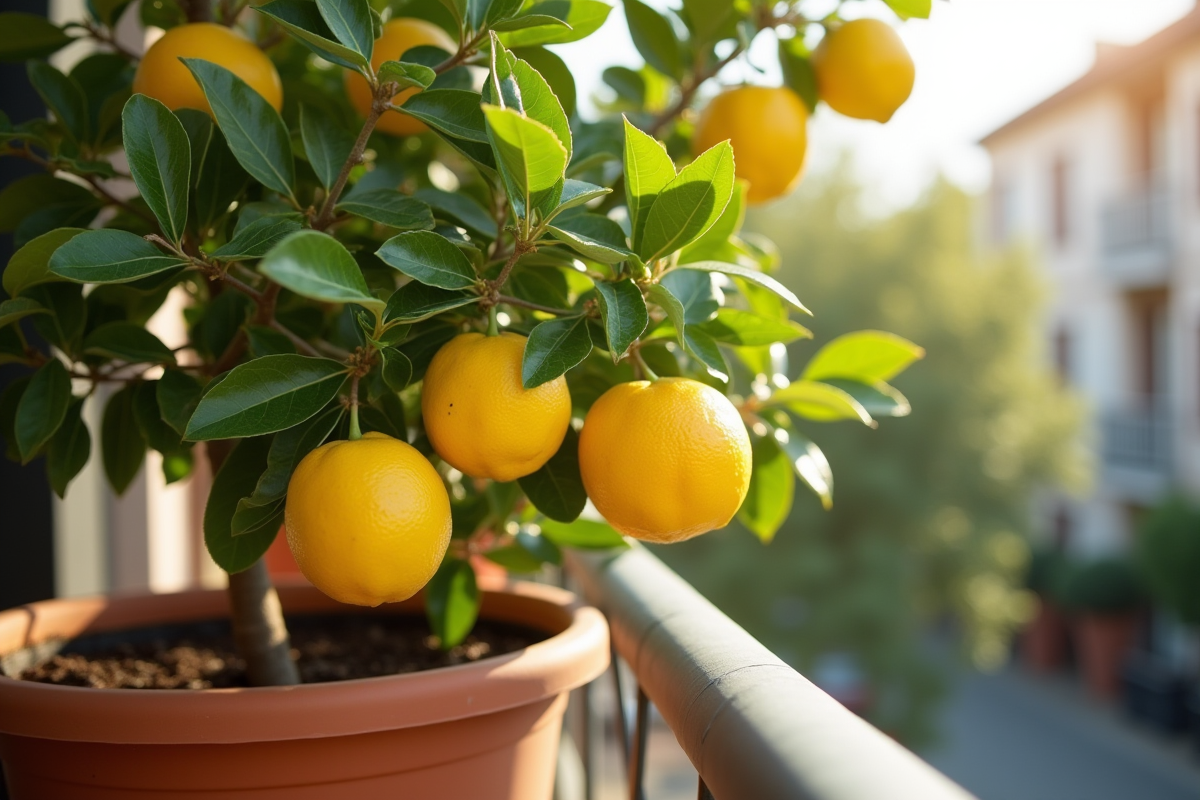 Arbre citron en pot sur balcon ensoleille avec feuilles vertes