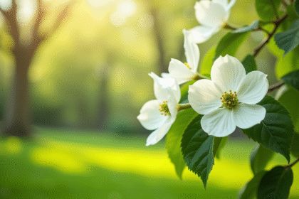 Arbre dogwood en fleurs dans un jardin printanier