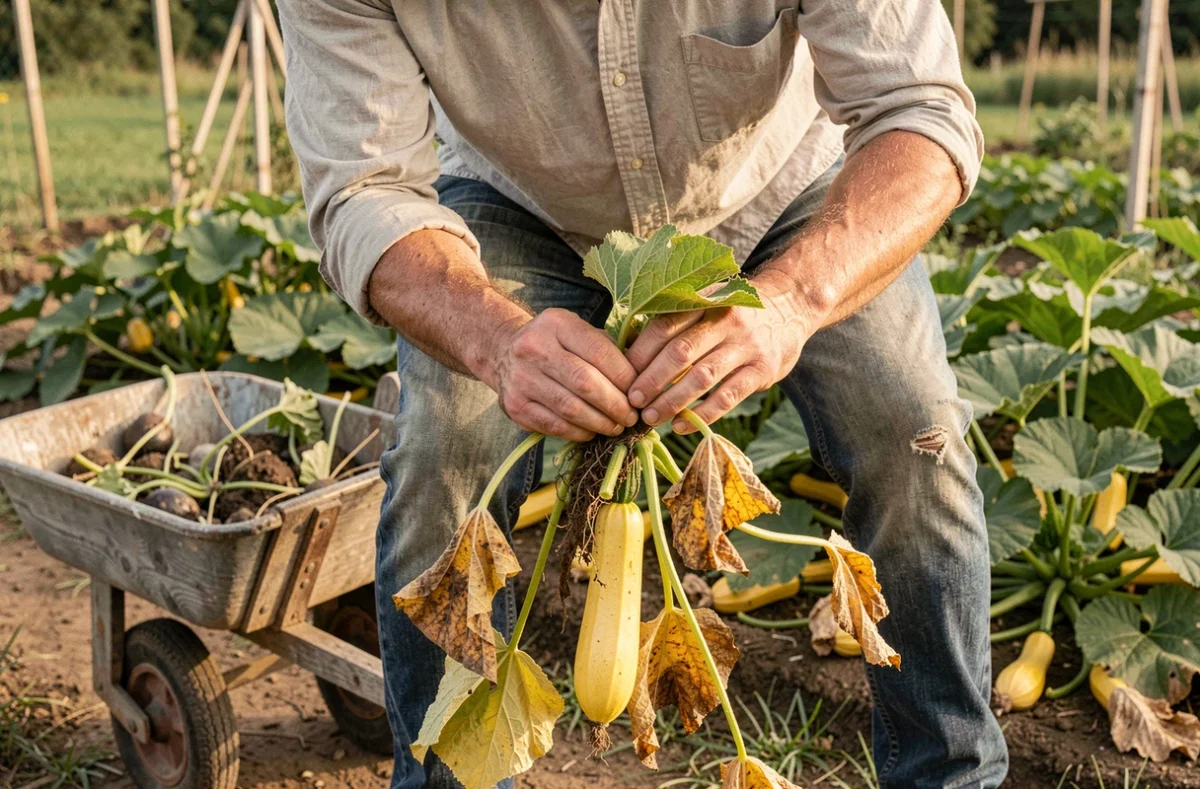 Jardinier arrachant une plante de courgette malade dans un potager avec une brouette à côté