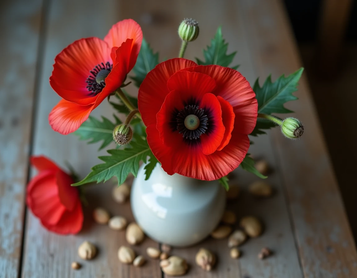 Arrangement botanique de coquelicots rouges et pavot dans un vase en céramique sur table en bois rustique, comparaison symbolique des deux fleurs