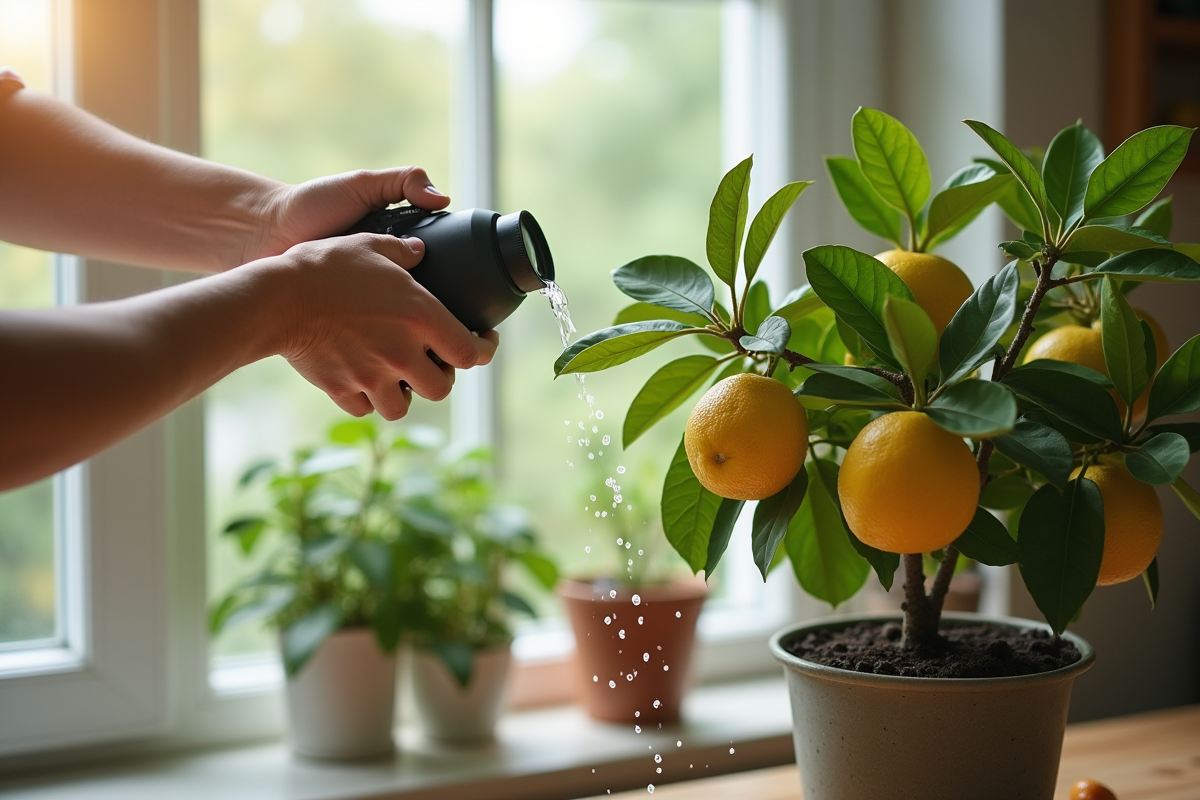 Mains arrosant un arbre citron en pot près d