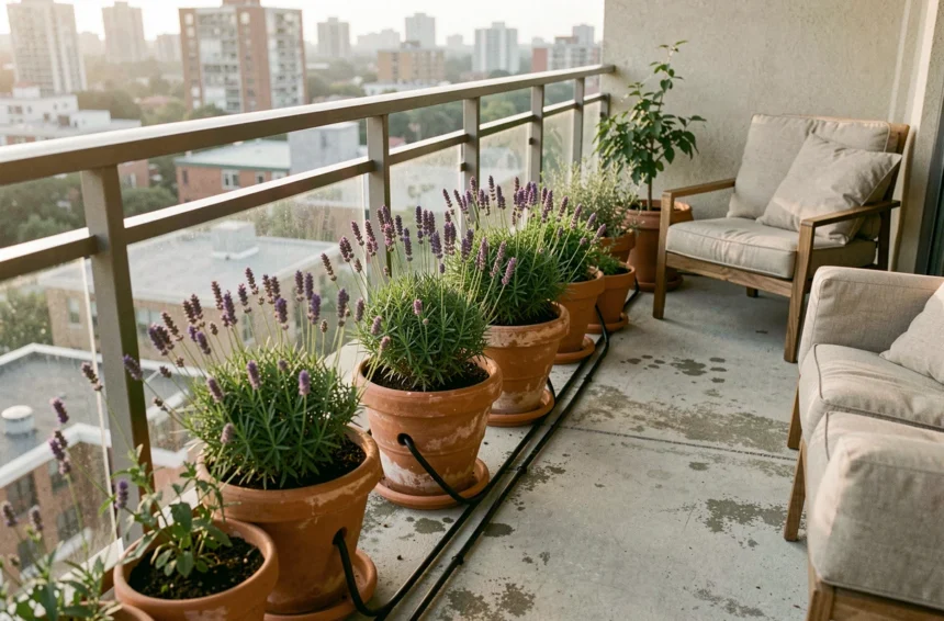 Système d'arrosage goutte-à-goutte discret installé sur un balcon moderne avec des plantes aromatiques en pots en terre cuite