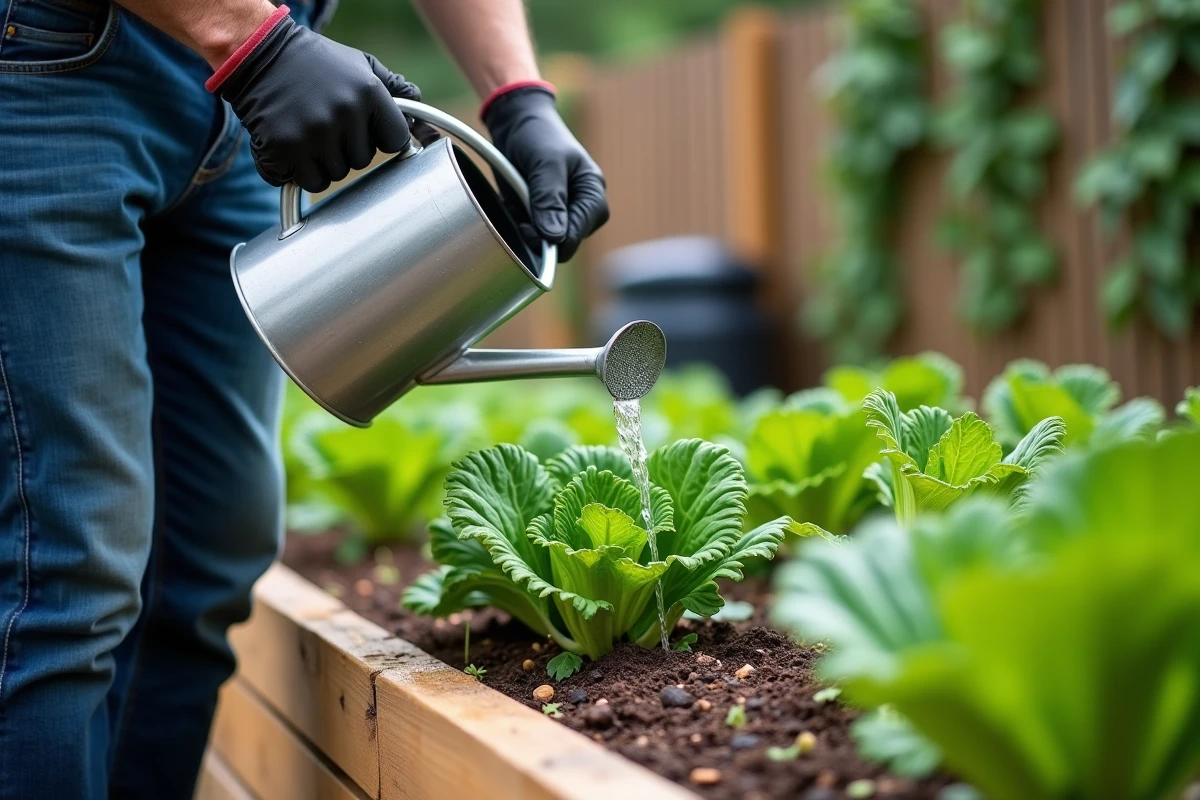 Homme arrosant des légumes au potager avec de l'eau de pluie filtrée naturellement depuis un arrosoir en métal