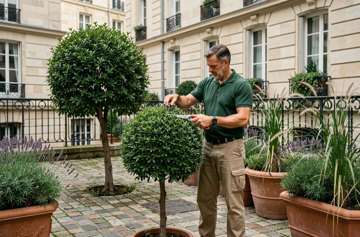 Paysagiste d'Art Parc taillant une topiaire dans une cour parisienne élégante avec pavés et jardinières