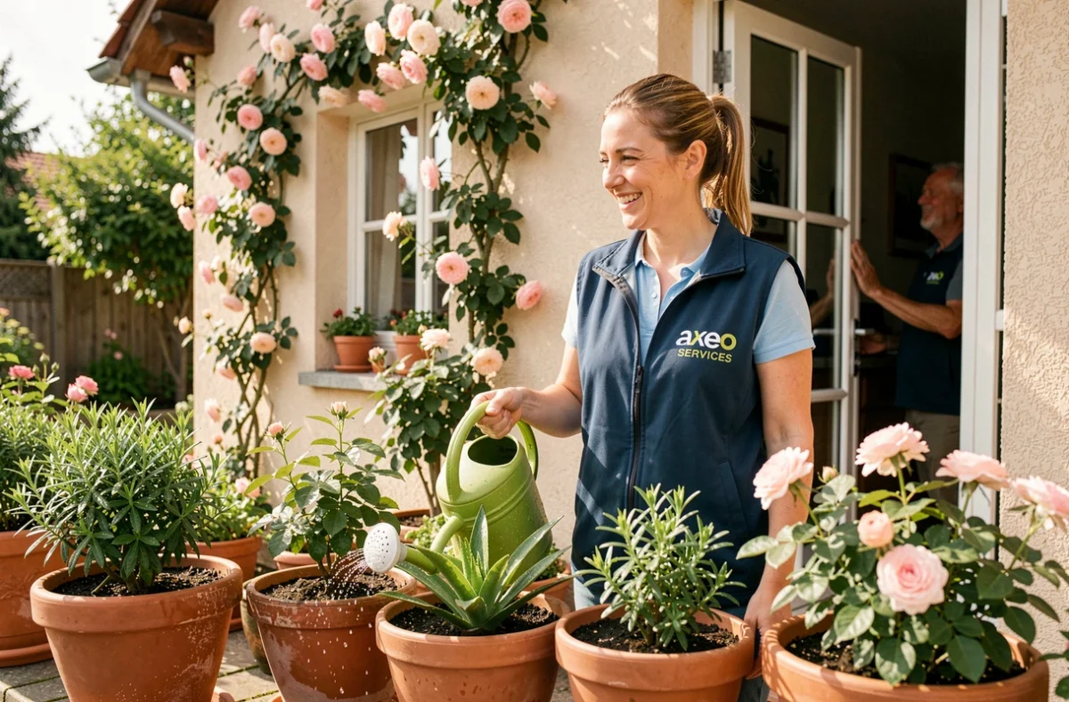 Axeo Services Grand Est : aide à domicile arrosant des plantes en pot sur une terrasse alsacienne
