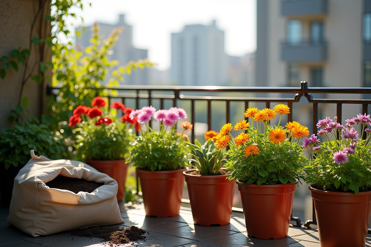 Balcon urbain avec pots fleuris et plantes vertes ensoleillées