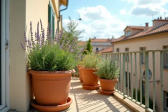 Balcon méditerranéen aménagé avec des pots en terre cuite de lavande, romarin, thym et olivier nain sur fond de toits urbains