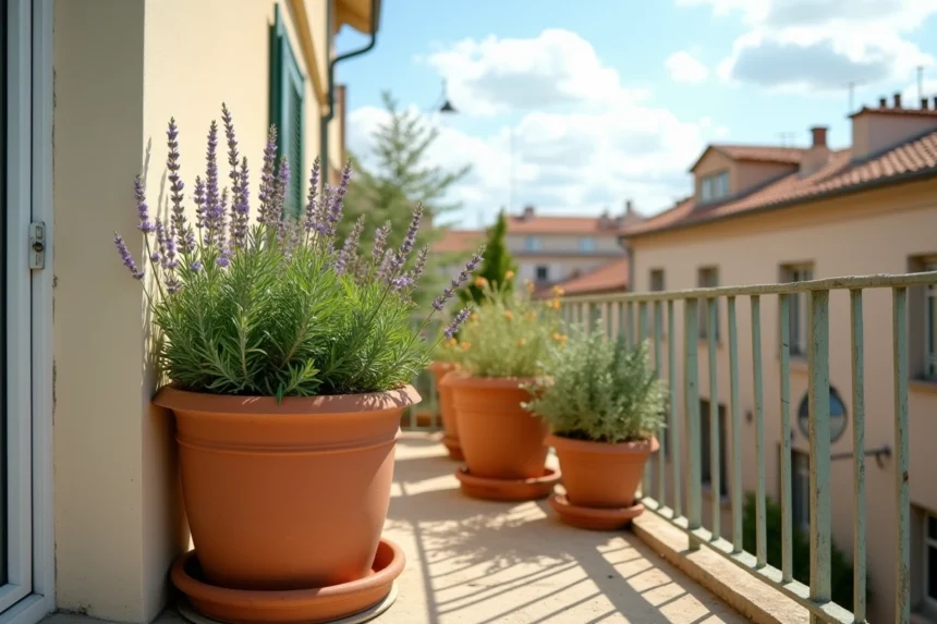 Balcon méditerranéen aménagé avec des pots en terre cuite de lavande, romarin, thym et olivier nain sur fond de toits urbains