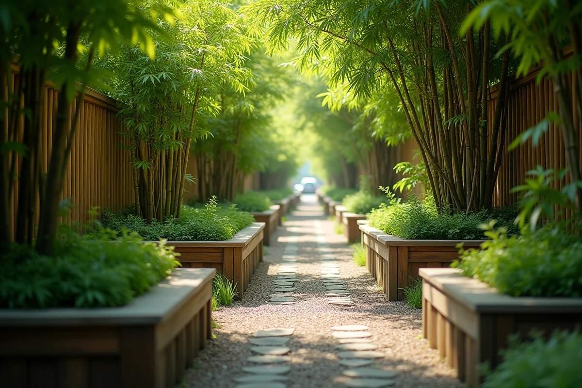 Jardin aménagé avec rangée de bambous comme barrière naturelle contre le bruit de la route