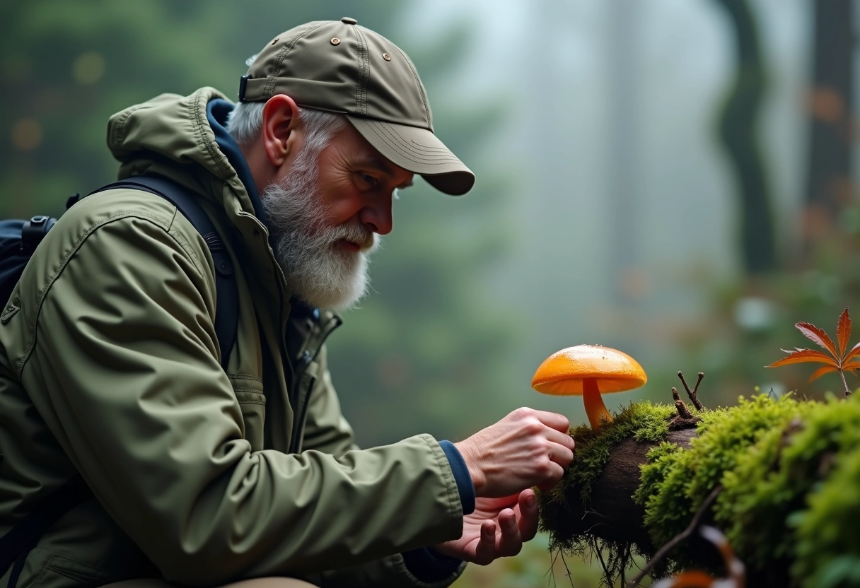 Biologiste inspectant un champignon dans la forêt brumeuse