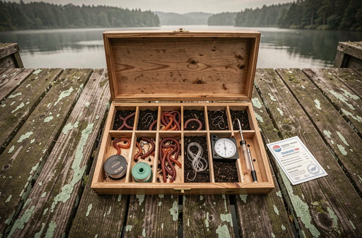 Boîte de pêche ouverte sur un ponton en bois avec vers, hameçons et permis de pêche, matériel de pêche organisé vue de dessus