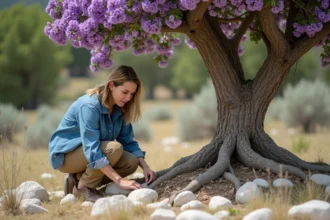 Botaniste examine un arbre Cercis siliquastrum en fleurs violettes