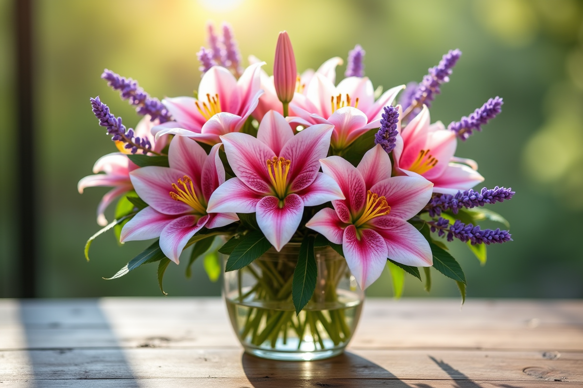 Bouquet coloré de lys lavande et lotus sur table ensoleillée