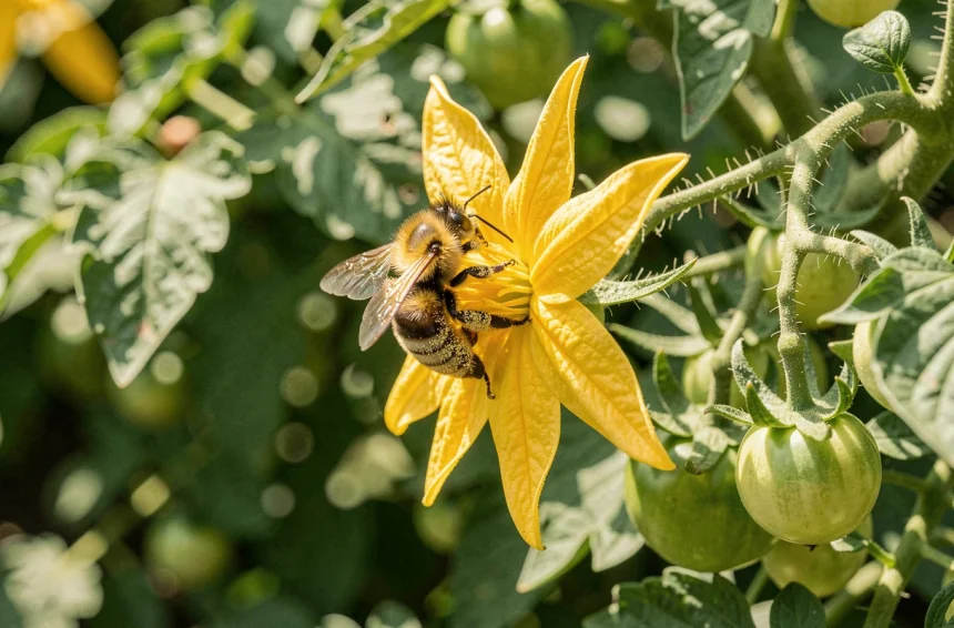 Un bourdon couvert de pollen pollinisant une fleur de tomate jaune dans un jardin potager naturel