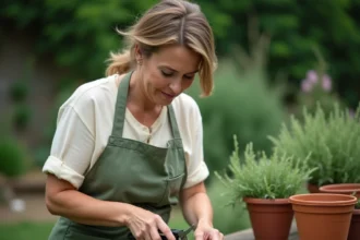 Femme réalisant le bouturage de sauge arbustive sur une table de rempotage en bois avec des cisailles propres