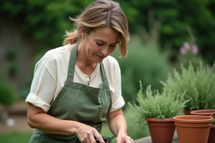 Femme réalisant le bouturage de sauge arbustive sur une table de rempotage en bois avec des cisailles propres