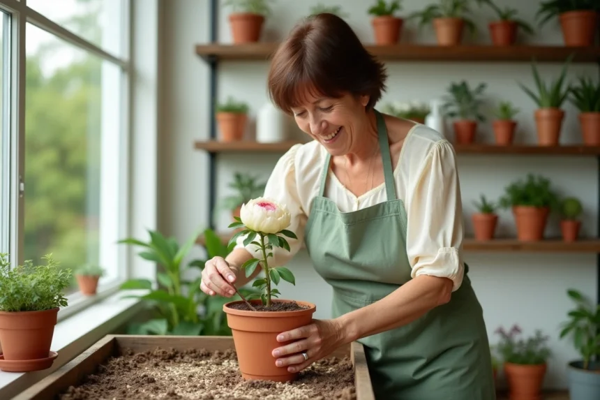 Femme bouturant une pivoine arbustive dans un pot en terre cuite sous une véranda lumineuse en 2026