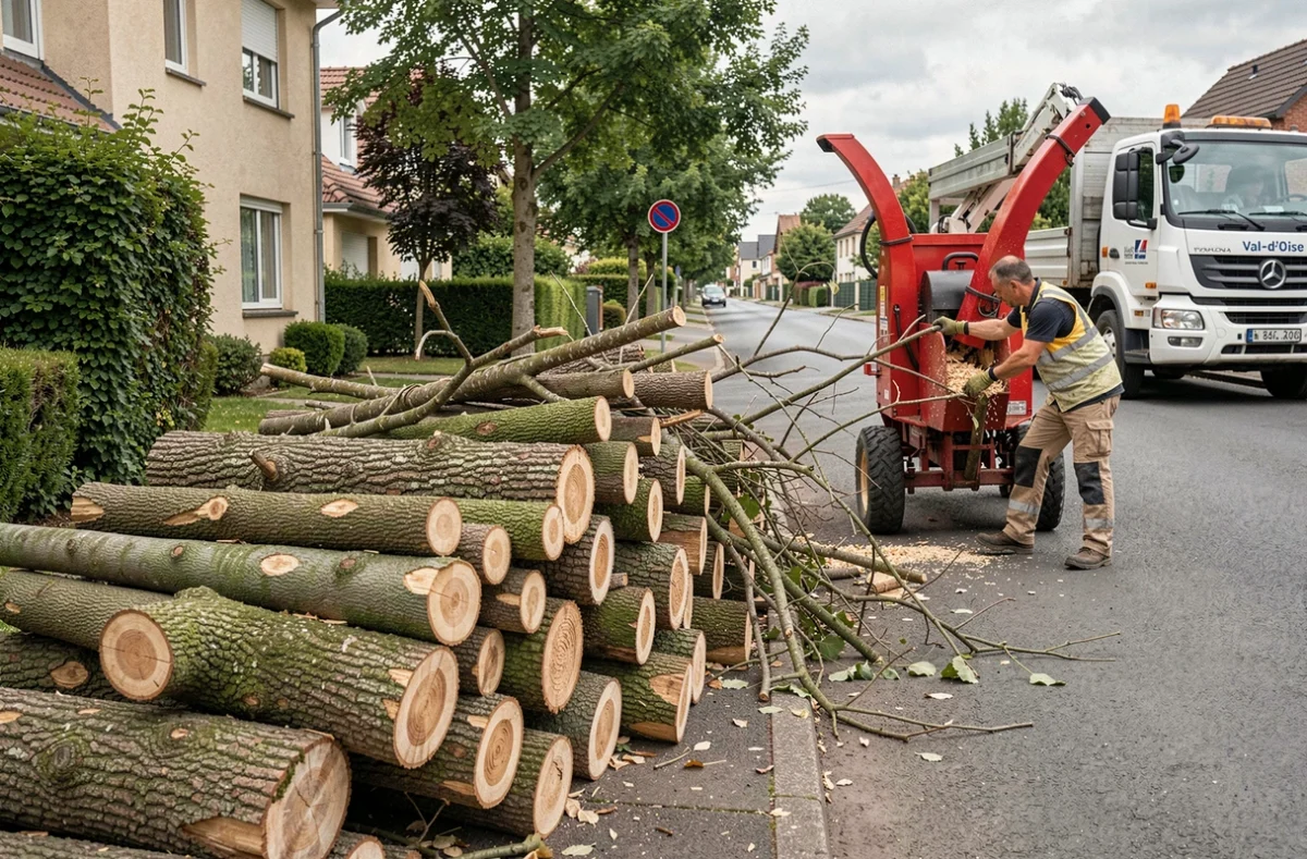 Broyage de branches après une opération d'élagage dans une rue résidentielle du Val-d'Oise avec broyeur et camion professionnel