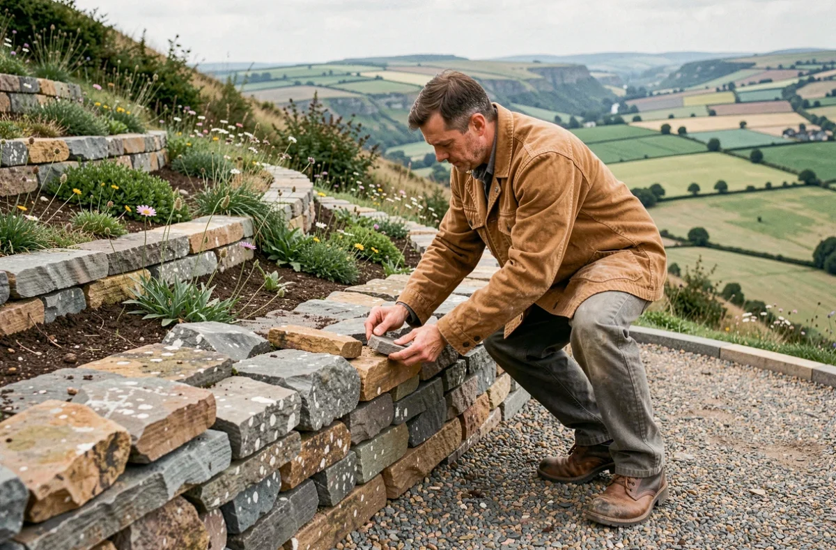 Buhourt Sébastien construisant un mur de soutènement en pierre sèche dans un jardin en terrasse du Calvados